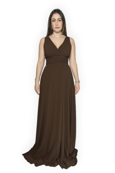 LAUREN – Vestido largo de gasa, con escote en V y abertura en la falda. Espalda con goma