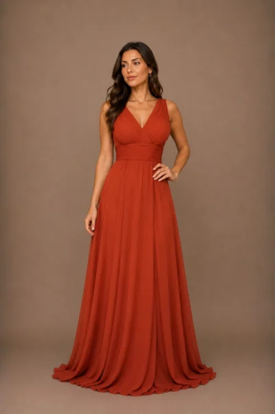 LAUREN – Vestido largo de gasa, con escote en V y abertura en la falda. Espalda con goma