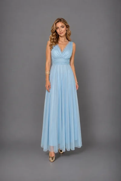 RITA – Vestido largo de tul, corte en A. Manga corta. Escote y espalda en V
