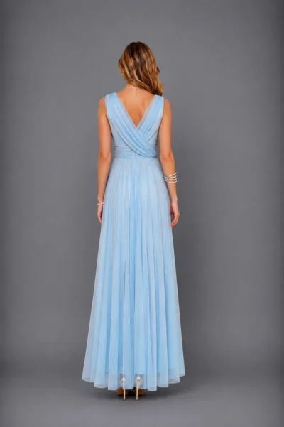 RITA – Vestido largo de tul, corte en A. Manga corta. Escote y espalda en V