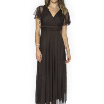 SCARLET – Vestido largo de tul, corte en A. Manga corta. Escote y espalda en V